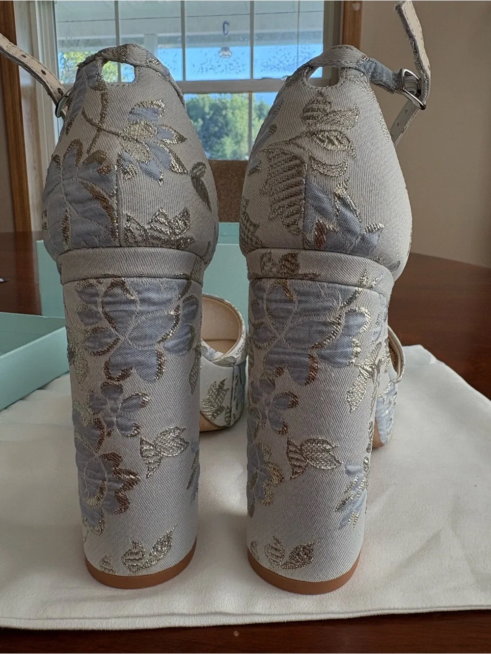 Bella Belle “Catarina” Powder Blue Floral Platform Sandals with Ankle Strap